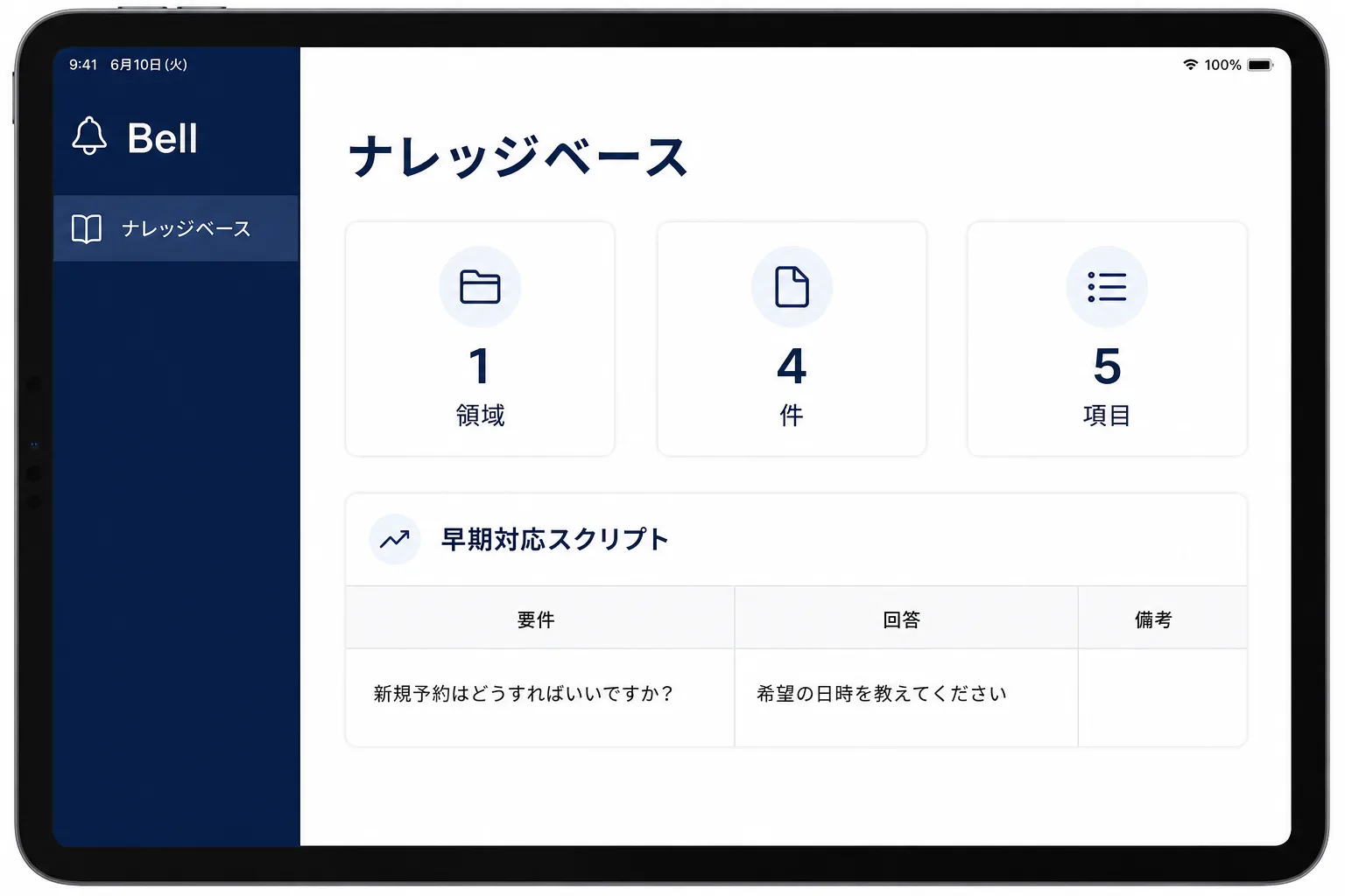 Knowledge base screen showing conversation scripts and request progress