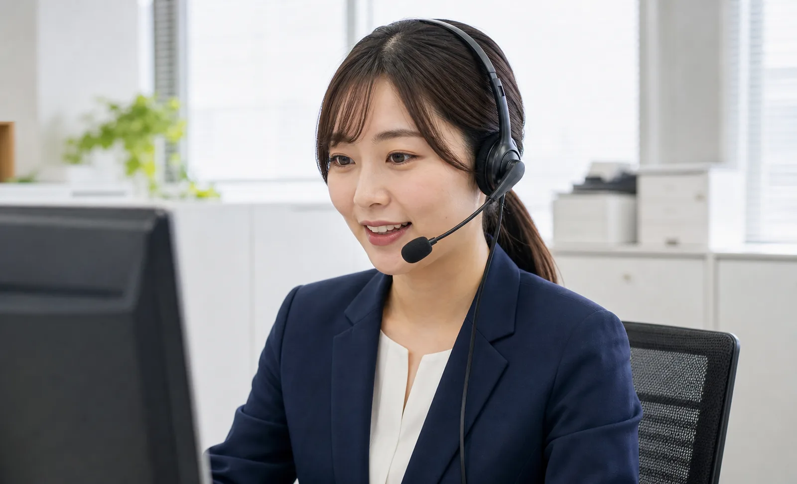 A female operator using a headset at a computer