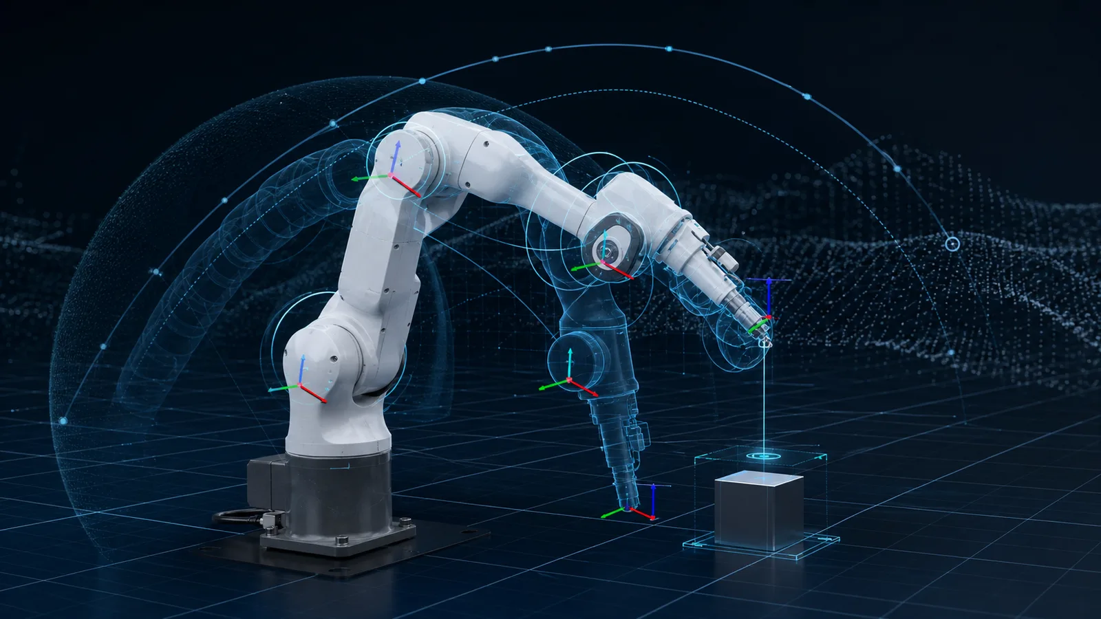 A simulation visualizing a robot arm's motion paths and joint data