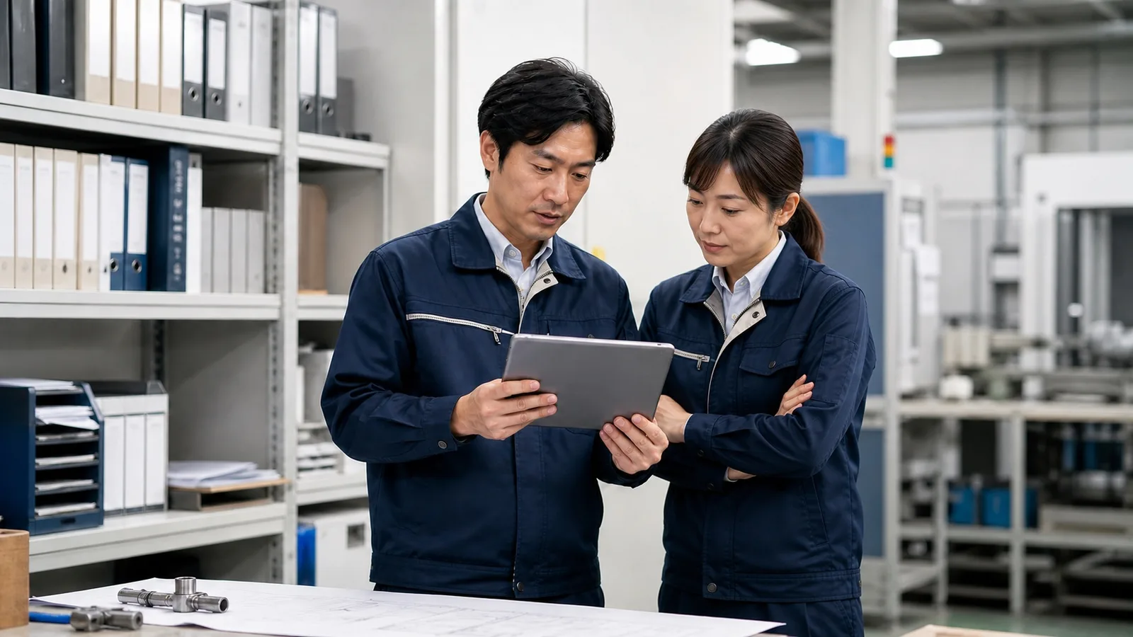 Maintenance staff checking equipment information and past cases on a tablet