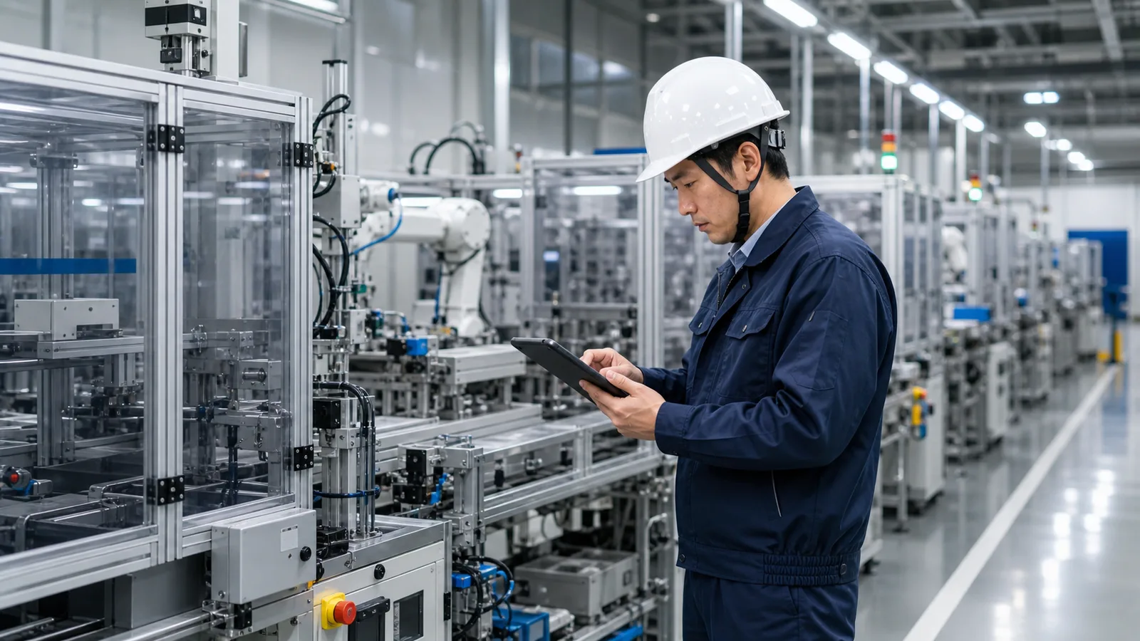 An engineer checking production-line equipment on a tablet