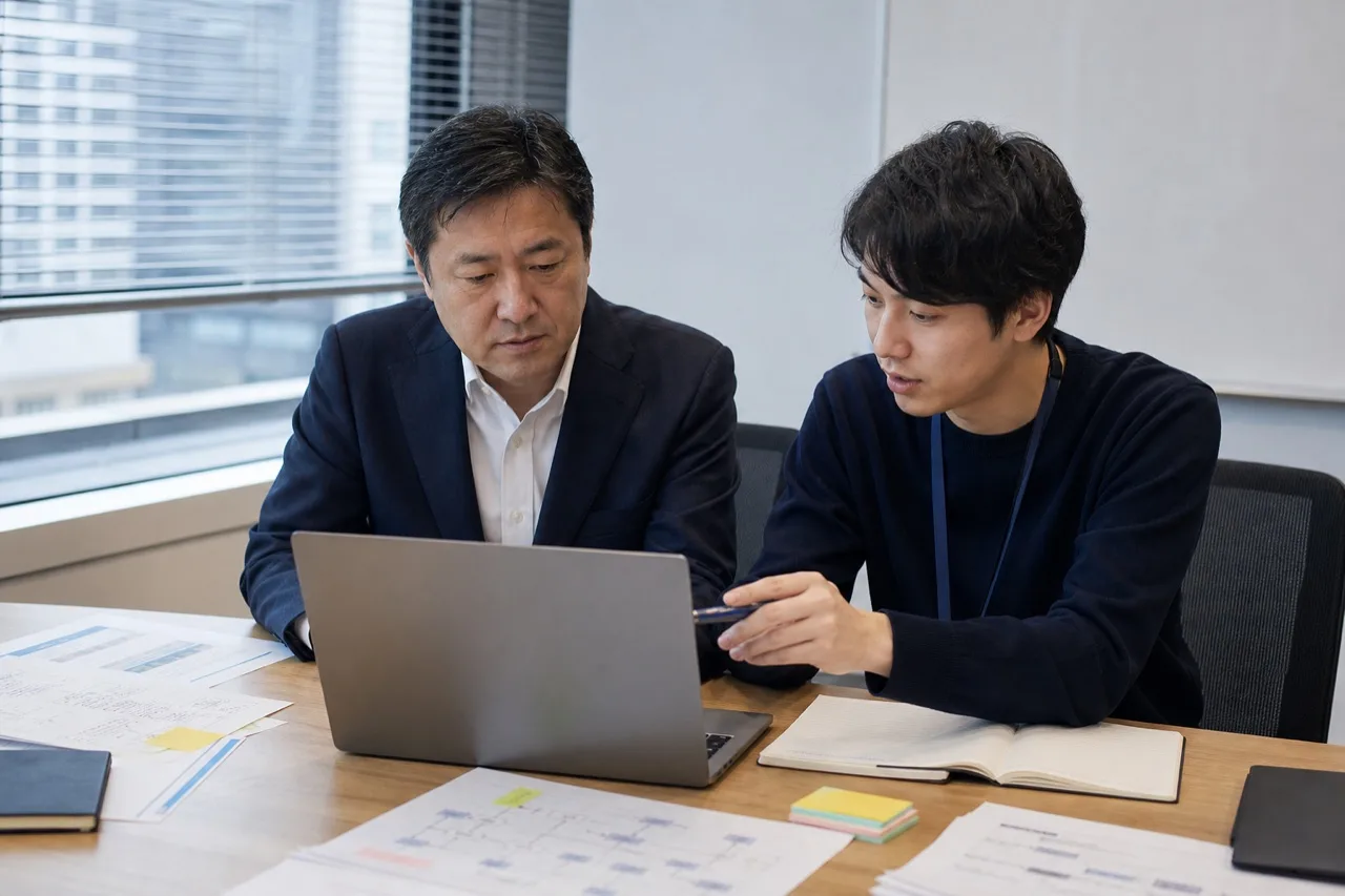 Operations staff and an engineer discussing a system